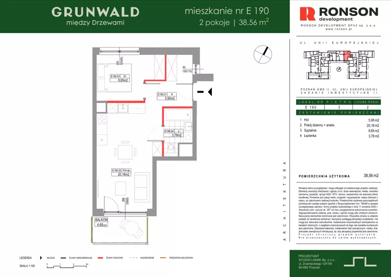 2 pokoje, mieszkanie 38,56 m², piętro 3, oferta nr E190, Grunwald Między Drzewami 3, Poznań, Grunwald, Grunwald Południe, ul. Unii Europejskiej / Smardzewska