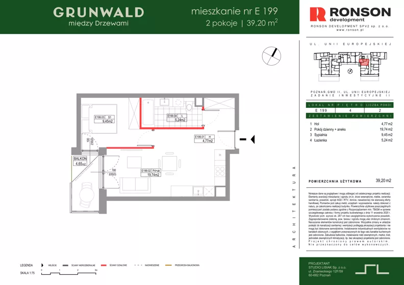 2 pokoje, mieszkanie 39,20 m², piętro 4, oferta nr E199, Grunwald Między Drzewami 3, Poznań, Grunwald, Grunwald Południe, ul. Unii Europejskiej / Smardzewska