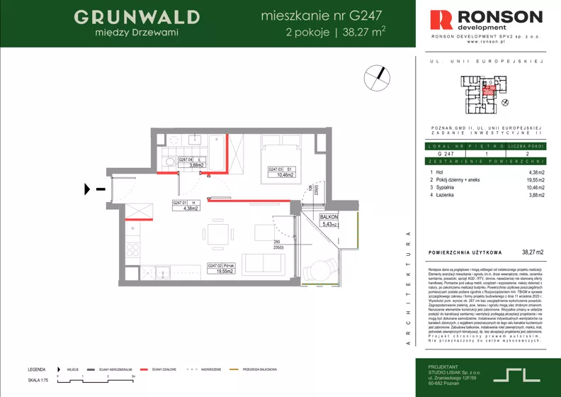 2 pokoje, mieszkanie 38,27 m², piętro 1, oferta nr G247, Grunwald Między Drzewami 3, Poznań, Grunwald, Grunwald Południe, ul. Unii Europejskiej / Smardzewska