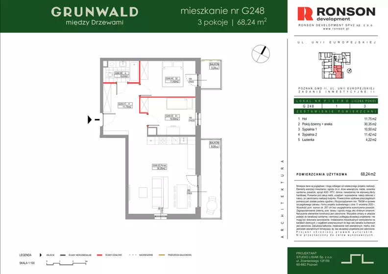 3 pokoje, mieszkanie 68,24 m², piętro 1, oferta nr G248, Grunwald Między Drzewami 3, Poznań, Grunwald, Grunwald Południe, ul. Unii Europejskiej / Smardzewska