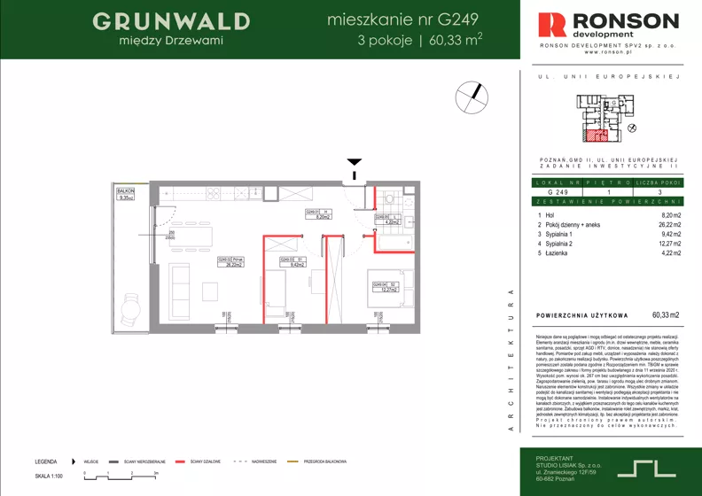 3 pokoje, mieszkanie 60,33 m², piętro 1, oferta nr G249, Grunwald Między Drzewami 3, Poznań, Grunwald, Grunwald Południe, ul. Unii Europejskiej / Smardzewska