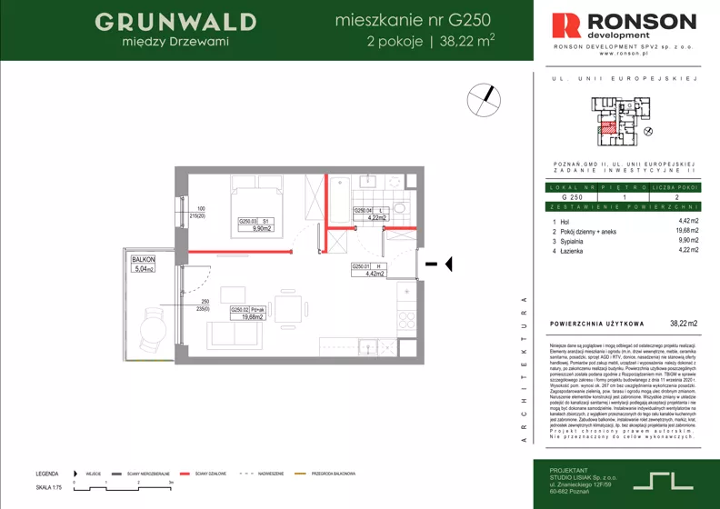 2 pokoje, mieszkanie 38,22 m², piętro 1, oferta nr G250, Grunwald Między Drzewami 3, Poznań, Grunwald, Grunwald Południe, ul. Unii Europejskiej / Smardzewska