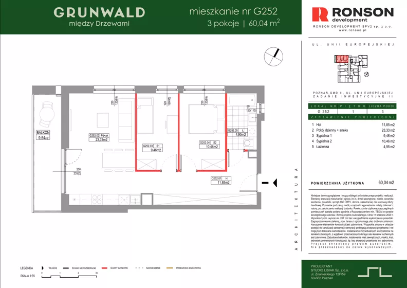 3 pokoje, mieszkanie 60,04 m², piętro 1, oferta nr G252, Grunwald Między Drzewami 3, Poznań, Grunwald, Grunwald Południe, ul. Unii Europejskiej / Smardzewska