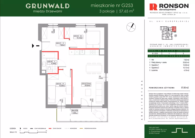 3 pokoje, mieszkanie 57,65 m², piętro 1, oferta nr G253, Grunwald Między Drzewami 3, Poznań, Grunwald, Grunwald Południe, ul. Unii Europejskiej / Smardzewska