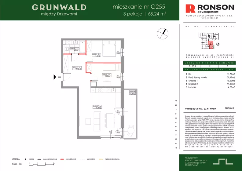 3 pokoje, mieszkanie 68,24 m², piętro 2, oferta nr G255, Grunwald Między Drzewami 3, Poznań, Grunwald, Grunwald Południe, ul. Unii Europejskiej / Smardzewska