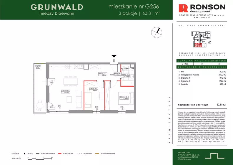3 pokoje, mieszkanie 60,31 m², piętro 2, oferta nr G256, Grunwald Między Drzewami 3, Poznań, Grunwald, Grunwald Południe, ul. Unii Europejskiej / Smardzewska
