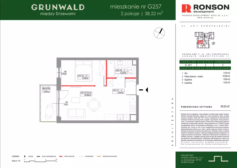 2 pokoje, mieszkanie 38,22 m², piętro 2, oferta nr G257, Grunwald Między Drzewami 3, Poznań, Grunwald, Grunwald Południe, ul. Unii Europejskiej / Smardzewska