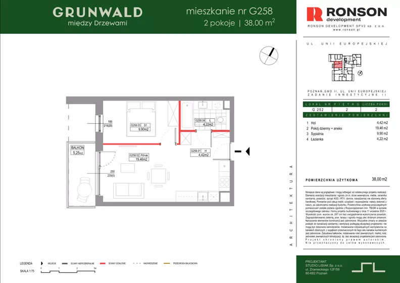 2 pokoje, mieszkanie 38,00 m², piętro 2, oferta nr G258, Grunwald Między Drzewami 3, Poznań, Grunwald, Grunwald Południe, ul. Unii Europejskiej / Smardzewska
