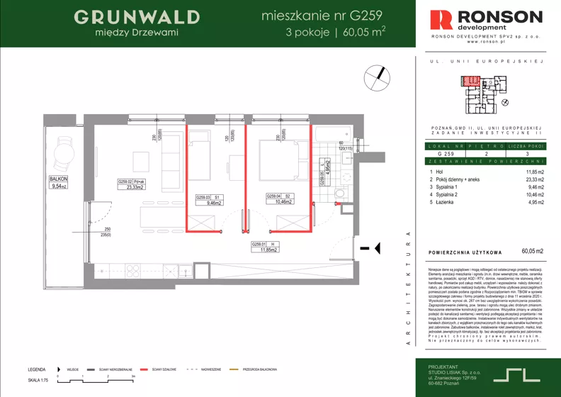3 pokoje, mieszkanie 60,05 m², piętro 2, oferta nr G259, Grunwald Między Drzewami 3, Poznań, Grunwald, Grunwald Południe, ul. Unii Europejskiej / Smardzewska