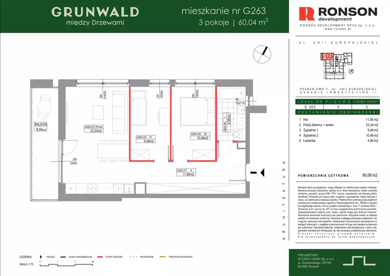 3 pokoje, mieszkanie 60,06 m², piętro 3, oferta nr G263, Grunwald Między Drzewami 3, Poznań, Grunwald, Grunwald Południe, ul. Unii Europejskiej / Smardzewska