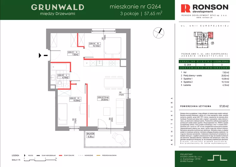 3 pokoje, mieszkanie 57,65 m², piętro 3, oferta nr G264, Grunwald Między Drzewami 3, Poznań, Grunwald, Grunwald Południe, ul. Unii Europejskiej / Smardzewska