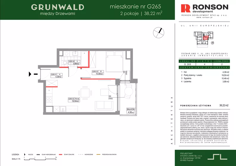2 pokoje, mieszkanie 38,22 m², piętro 4, oferta nr G265, Grunwald Między Drzewami 3, Poznań, Grunwald, Grunwald Południe, ul. Unii Europejskiej / Smardzewska