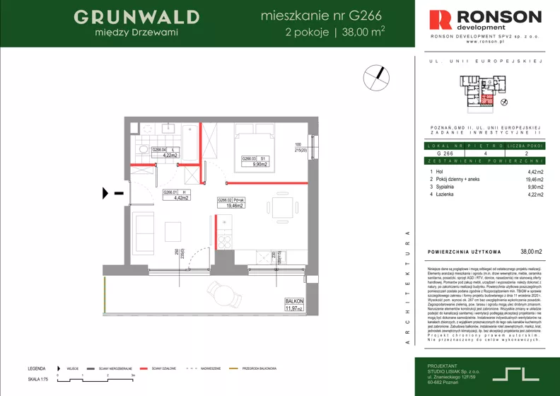 2 pokoje, mieszkanie 38,00 m², piętro 4, oferta nr G266, Grunwald Między Drzewami 3, Poznań, Grunwald, Grunwald Południe, ul. Unii Europejskiej / Smardzewska