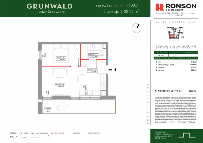 2 pokoje, mieszkanie 38,22 m², piętro 4, oferta nr G267, Grunwald Między Drzewami 3, Poznań, Grunwald, Grunwald Południe, ul. Unii Europejskiej / Smardzewska