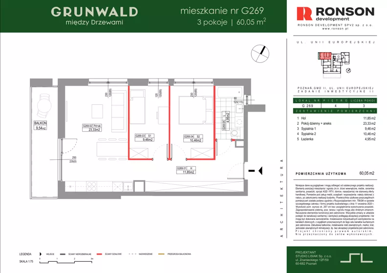 3 pokoje, mieszkanie 60,05 m², piętro 4, oferta nr G269, Grunwald Między Drzewami 3, Poznań, Grunwald, Grunwald Południe, ul. Unii Europejskiej / Smardzewska