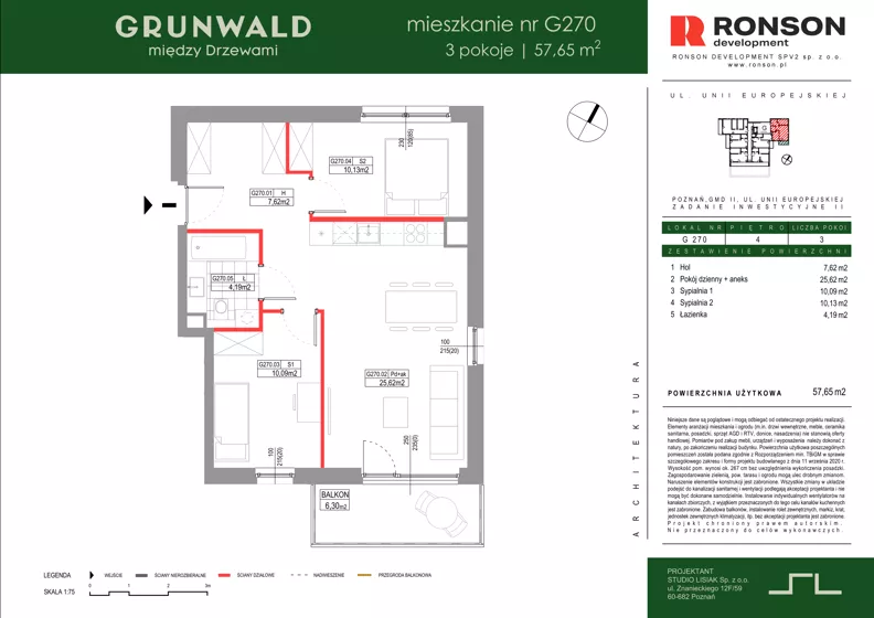 3 pokoje, mieszkanie 57,65 m², piętro 4, oferta nr G270, Grunwald Między Drzewami 3, Poznań, Grunwald, Grunwald Południe, ul. Unii Europejskiej / Smardzewska