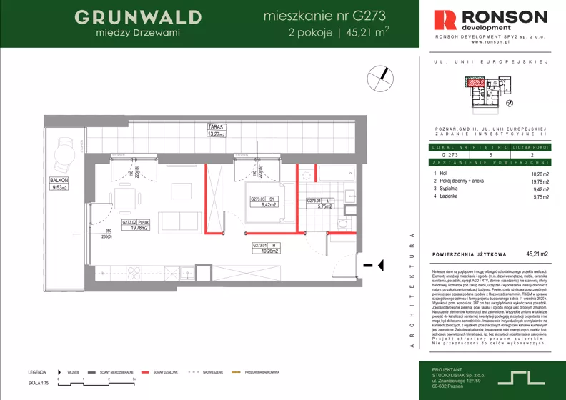2 pokoje, mieszkanie 45,21 m², piętro 5, oferta nr G273, Grunwald Między Drzewami 3, Poznań, Grunwald, Grunwald Południe, ul. Unii Europejskiej / Smardzewska