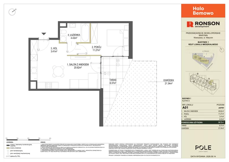 2 pokoje, mieszkanie 39,73 m², parter, oferta nr A01, Halo Bemowo, Warszawa, Bemowo, Koło, ul. Marynin