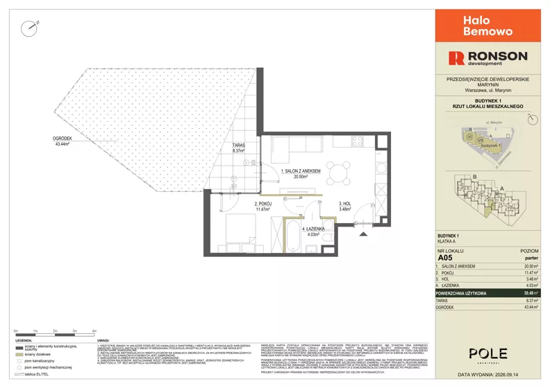 2 pokoje, mieszkanie 39,48 m², parter, oferta nr A05, Halo Bemowo, Warszawa, Bemowo, Koło, ul. Marynin