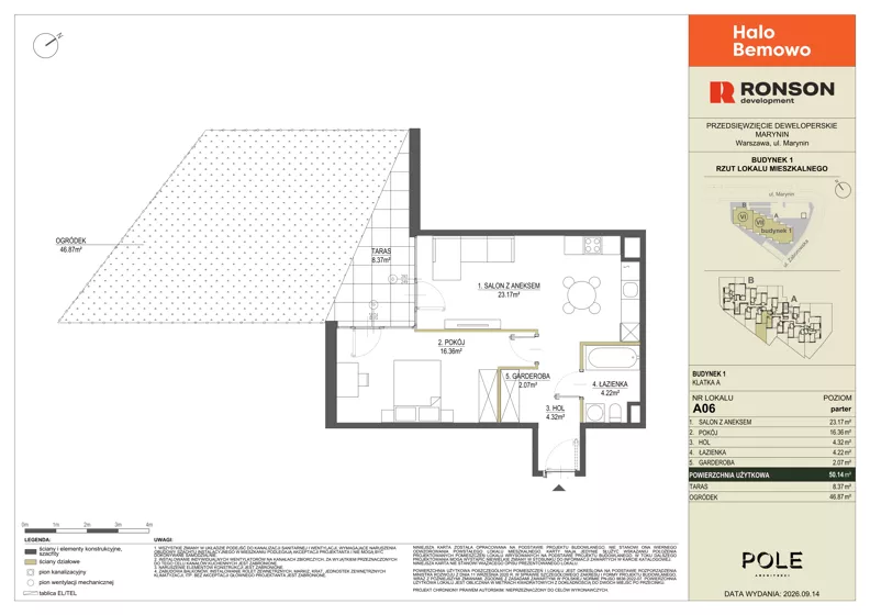 2 pokoje, mieszkanie 50,14 m², parter, oferta nr A06, Halo Bemowo, Warszawa, Bemowo, Koło, ul. Marynin