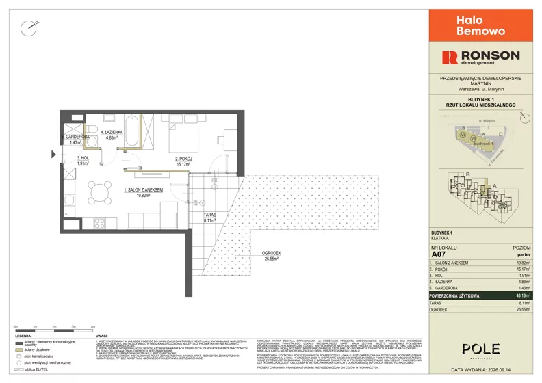 2 pokoje, mieszkanie 43,16 m², parter, oferta nr A07, Halo Bemowo, Warszawa, Bemowo, Koło, ul. Marynin
