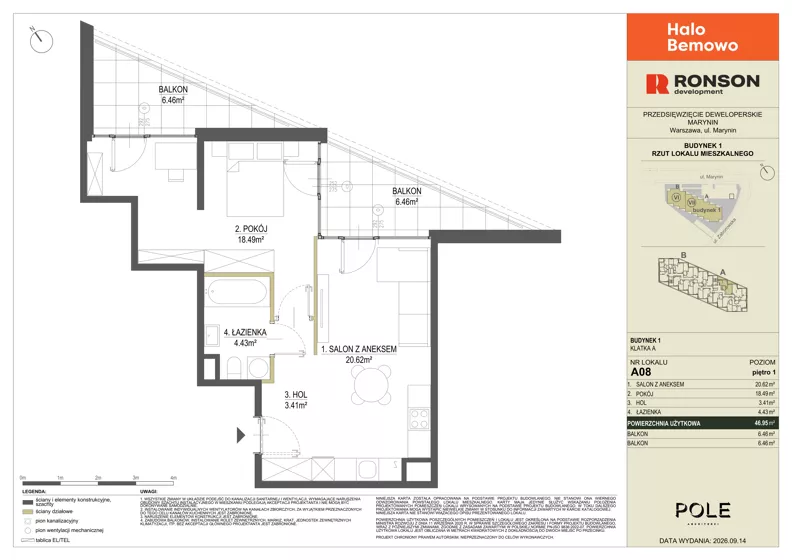 2 pokoje, mieszkanie 46,95 m², piętro 1, oferta nr A08, Halo Bemowo, Warszawa, Bemowo, Koło, ul. Marynin