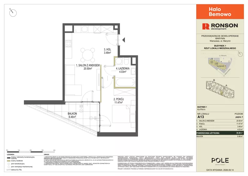 2 pokoje, mieszkanie 39,48 m², piętro 1, oferta nr A13, Halo Bemowo, Warszawa, Bemowo, Koło, ul. Marynin