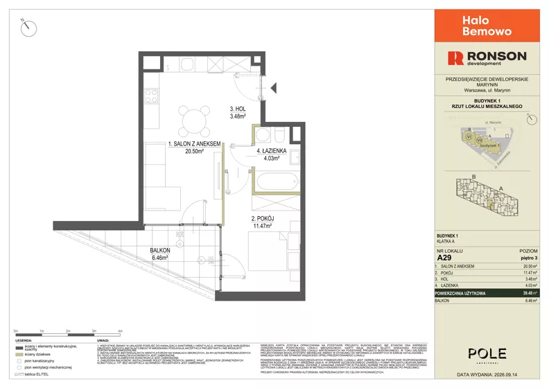 2 pokoje, mieszkanie 39,48 m², piętro 3, oferta nr A29, Halo Bemowo, Warszawa, Bemowo, Koło, ul. Marynin