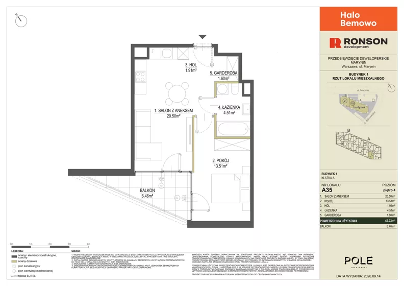 2 pokoje, mieszkanie 42,03 m², piętro 4, oferta nr A35, Halo Bemowo, Warszawa, Bemowo, Koło, ul. Marynin