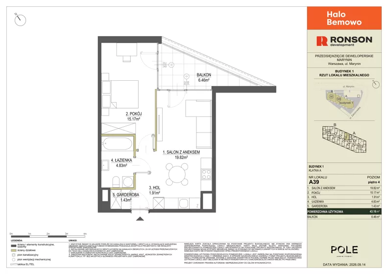 2 pokoje, mieszkanie 43,16 m², piętro 4, oferta nr A39, Halo Bemowo, Warszawa, Bemowo, Koło, ul. Marynin