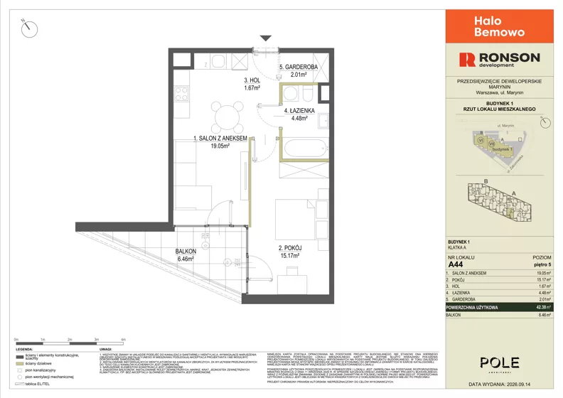 2 pokoje, mieszkanie 42,38 m², piętro 5, oferta nr A44, Halo Bemowo, Warszawa, Bemowo, Koło, ul. Marynin
