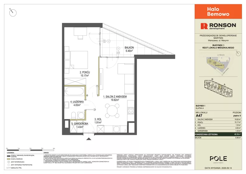 2 pokoje, mieszkanie 43,16 m², piętro 5, oferta nr A47, Halo Bemowo, Warszawa, Bemowo, Koło, ul. Marynin