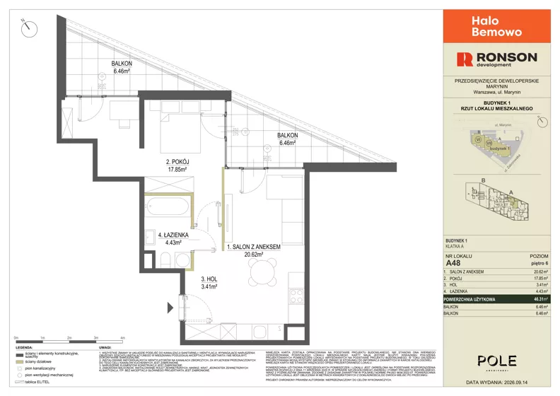 2 pokoje, mieszkanie 46,31 m², piętro 6, oferta nr A48, Halo Bemowo, Warszawa, Bemowo, Koło, ul. Marynin