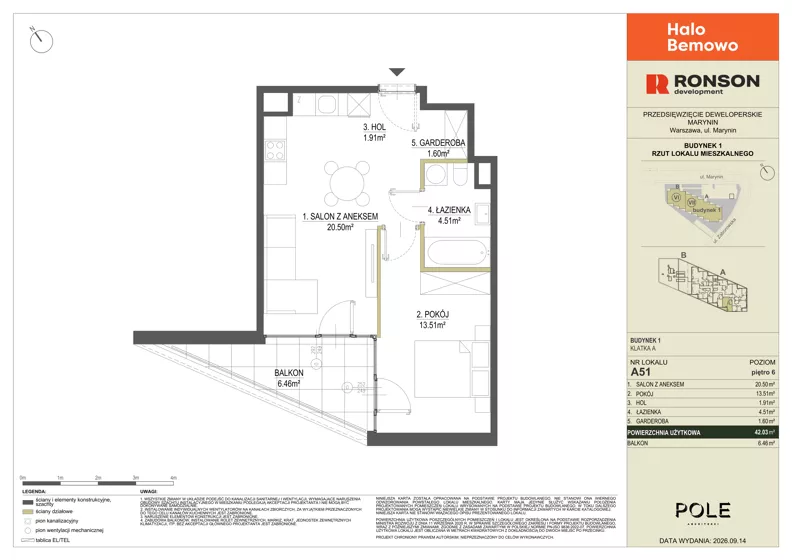 2 pokoje, mieszkanie 42,03 m², piętro 6, oferta nr A51, Halo Bemowo, Warszawa, Bemowo, Koło, ul. Marynin