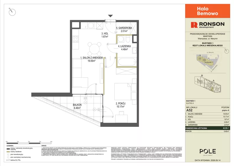 2 pokoje, mieszkanie 42,38 m², piętro 6, oferta nr A52, Halo Bemowo, Warszawa, Bemowo, Koło, ul. Marynin