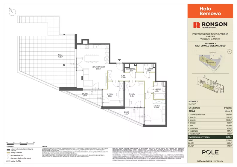 4 pokoje, mieszkanie 83,59 m², piętro 6, oferta nr A53, Halo Bemowo, Warszawa, Bemowo, Koło, ul. Marynin
