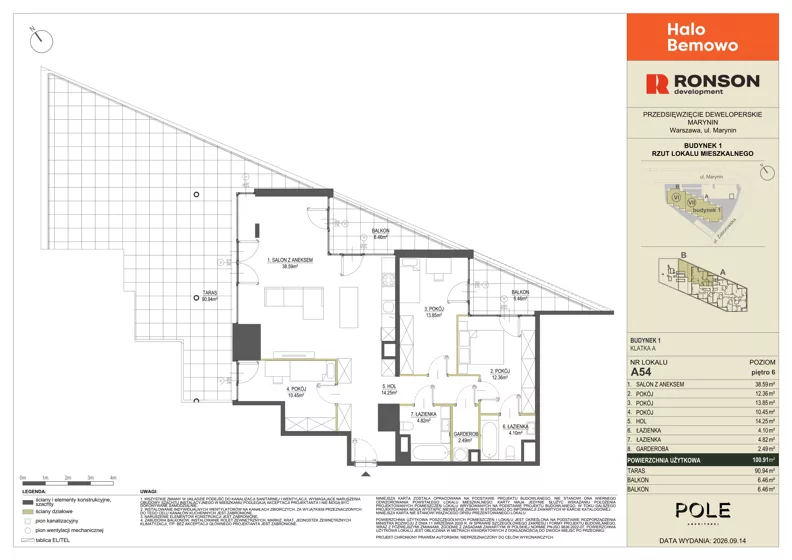 4 pokoje, mieszkanie 100,91 m², piętro 6, oferta nr A54, Halo Bemowo, Warszawa, Bemowo, Koło, ul. Marynin