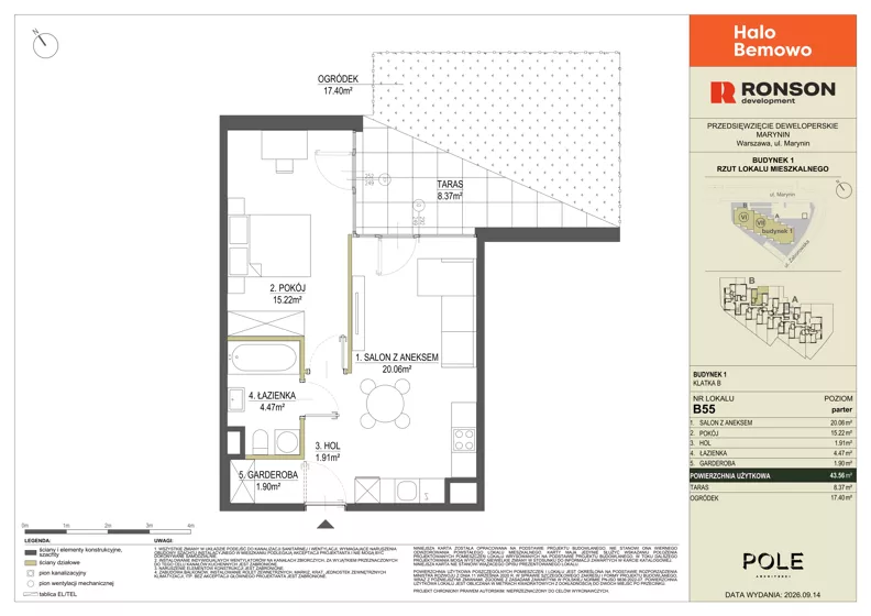 2 pokoje, mieszkanie 43,56 m², parter, oferta nr B55, Halo Bemowo, Warszawa, Bemowo, Koło, ul. Marynin