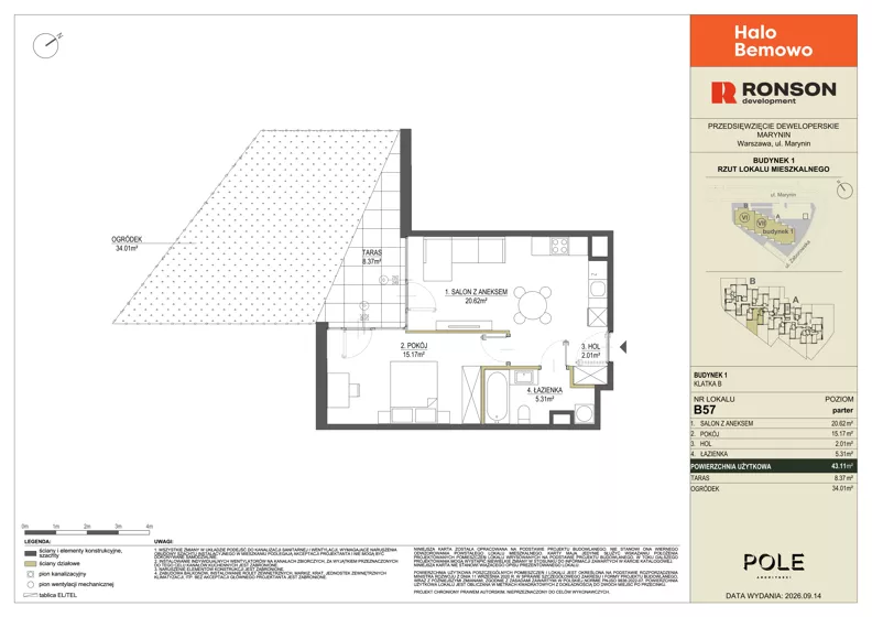 2 pokoje, mieszkanie 43,11 m², parter, oferta nr B57, Halo Bemowo, Warszawa, Bemowo, Koło, ul. Marynin