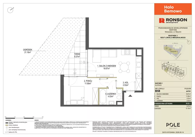 2 pokoje, mieszkanie 36,92 m², parter, oferta nr B58, Halo Bemowo, Warszawa, Bemowo, Koło, ul. Marynin