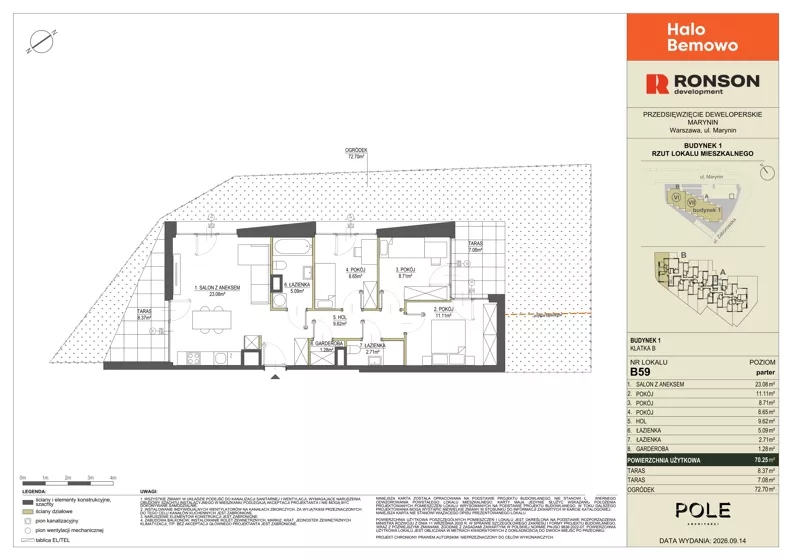 4 pokoje, mieszkanie 70,25 m², parter, oferta nr B59, Halo Bemowo, Warszawa, Bemowo, Koło, ul. Marynin