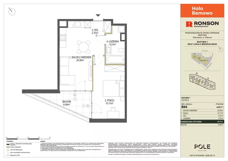 2 pokoje, mieszkanie 43,11 m², piętro 1, oferta nr B64, Halo Bemowo, Warszawa, Bemowo, Koło, ul. Marynin