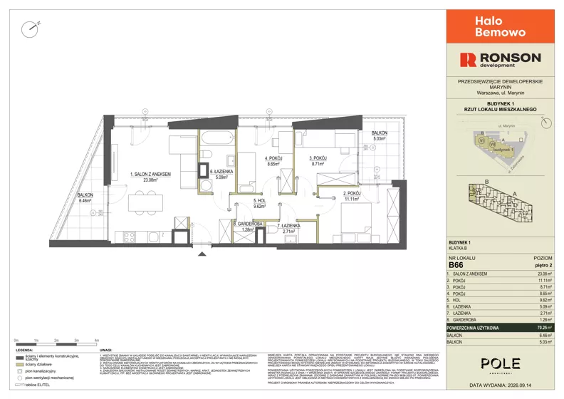 4 pokoje, mieszkanie 70,25 m², piętro 2, oferta nr B66, Halo Bemowo, Warszawa, Bemowo, Koło, ul. Marynin