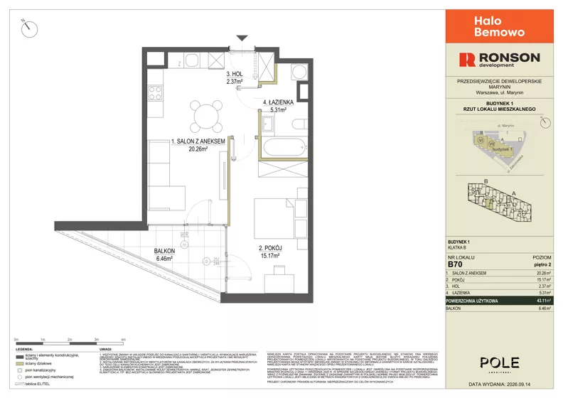 2 pokoje, mieszkanie 43,11 m², piętro 2, oferta nr B70, Halo Bemowo, Warszawa, Bemowo, Koło, ul. Marynin