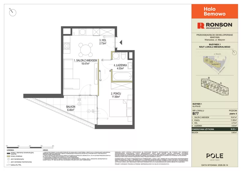 2 pokoje, mieszkanie 36,92 m², piętro 3, oferta nr B77, Halo Bemowo, Warszawa, Bemowo, Koło, ul. Marynin