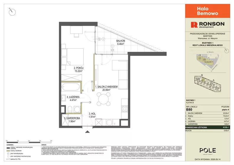 2 pokoje, mieszkanie 43,56 m², piętro 4, oferta nr B80, Halo Bemowo, Warszawa, Bemowo, Koło, ul. Marynin