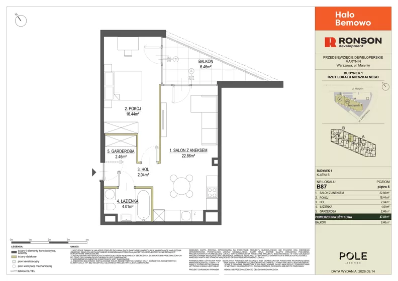 2 pokoje, mieszkanie 47,81 m², piętro 5, oferta nr B87, Halo Bemowo, Warszawa, Bemowo, Koło, ul. Marynin