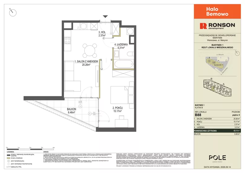 2 pokoje, mieszkanie 43,11 m², piętro 5, oferta nr B88, Halo Bemowo, Warszawa, Bemowo, Koło, ul. Marynin