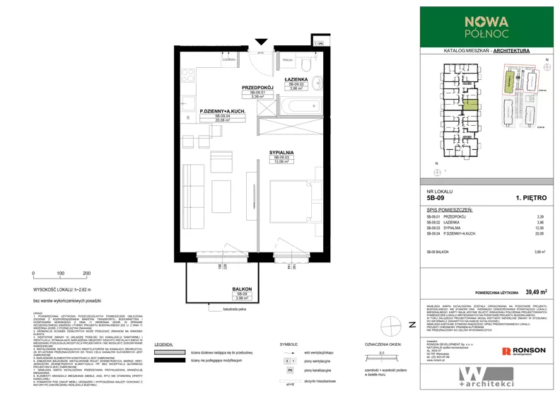 2 pokoje, mieszkanie 39,49 m², piętro 1, oferta nr 5B-09, Nowa Północ 2A, Szczecin, Północ, Stołczyn, ul. Sobola