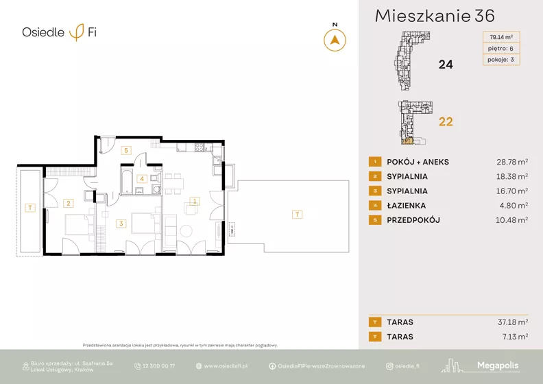 3 pokoje, mieszkanie 78,67 m², piętro 6, oferta nr B1.3.M21+22.4P, Nowe Osiedle Fi, Kraków, Podgórze, Mateczny, ul. Rzemieślnicza 22/24